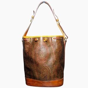 Etro | Brown Paisley Print Coated Canvas Two Toned Drawstring Bucket Bag